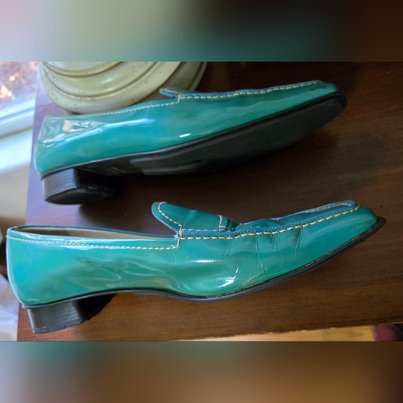 PRADA teal- turquoise patent leather penny loafers odd square toe! sz 38.5 - Picture 4 of 9